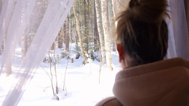 Quiet winter self care moment woman reflects by window during long winter days Mental health focus emotional balance mindful pause with forest view snow outside snow silence snow light calming