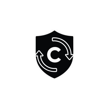 Shield icon with letter C and circular arrows representing copyright protection, intellectual property security, and content reuse rights symbol