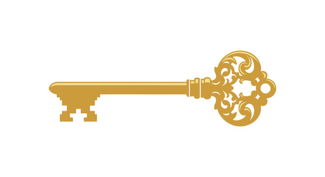 A detailed golden antique key is prominently displayed against a pure white background symbolizing access and mystery