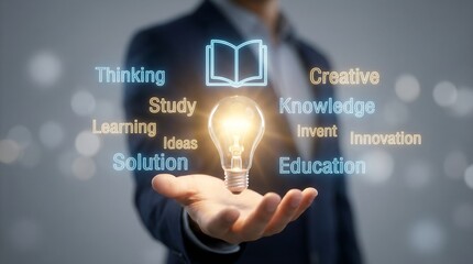 A person holds a glowing lightbulb surrounded by concepts like learning knowledge ideas and innovation representing creative thinking high quality professional detailed