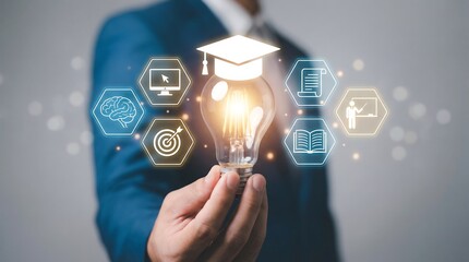 A business professional presents a glowing lightbulb surrounded by digital icons representing learning innovation and the future of education high quality detailed