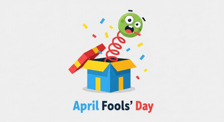 Colorful april fools' day illustration with surprised green character popping out of a blue and yellow box
