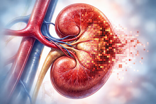 Kidney failure dialysis nephrology medical anatomy kidney disease concept, bright detailed organ illustration with pixelated degeneration effect and vascular system showing chronic damage