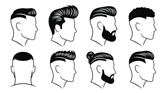 A collection of various men's hairstyles and beards in black and white