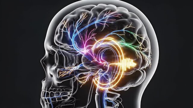 A detailed, colorful illustration of the human brain and nervous system within a transparent head outline, depicting neural activity and sensory processing.