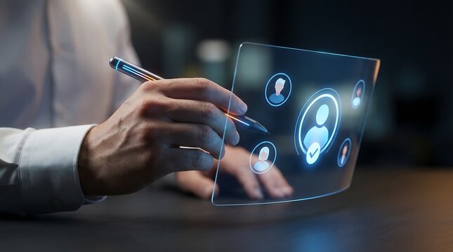 A person interacts with a transparent digital interface displaying user profile icons representing network connections and data analysis high quality professional detailed