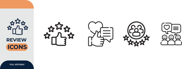 Review icon set. Containing feedback, rating, satisfaction, like icons. Vector illustration.