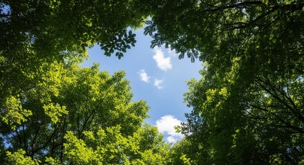 Obraz premium Lush green trees surrounding a clear blue sky with white clouds seen from a low angle perspective in a serene forest.