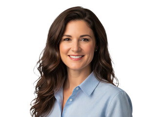 Portrait of a smiling woman with long wavy brown hair wearing a light blue shirt against a transparent background