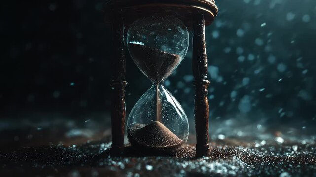Sand flows through an hourglass on a dark surface with visible grains and light shining from above in a close-up view