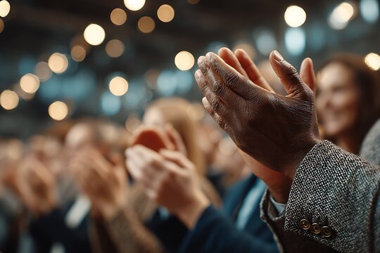 Diverse audience applauding in a modern conference setting with bokeh lights