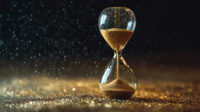 Sand flows from the top of an hourglass to the bottom as time passes in a dark and moody setting filled with golden particles