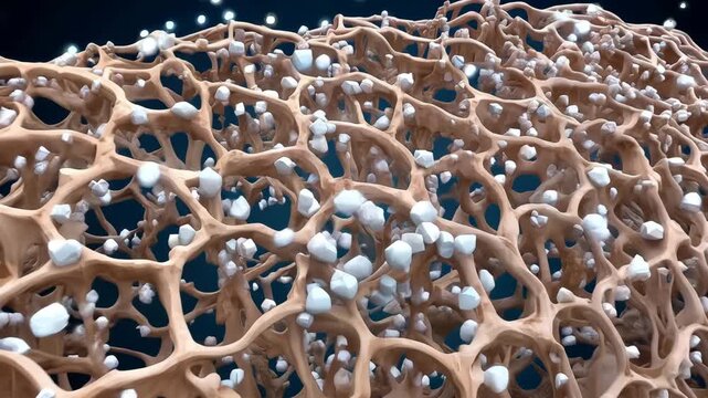 3D animation of bone matrix section with microscopic calcium particles flowing and integrating to reinforce densify lattice