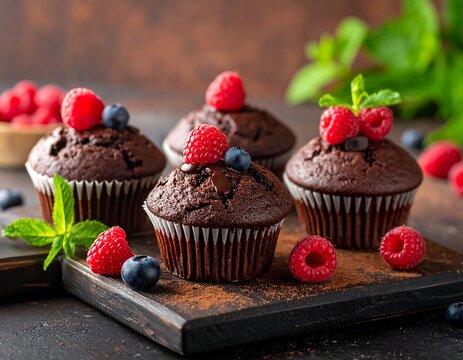 Chocolate cupcakes with raspberries and blueberries on a wooden board