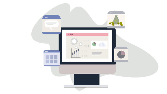 flat illustration of business analytics workflow showing connected data sources, dashboard, charts, finance, goals, and reports with placeholder text on computer screen for presentation, analysis, and