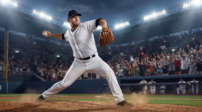 Professional Baseball Player Throwing Ball in Stadium Action