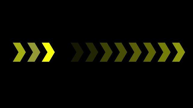 Yellow light and moving of warning arrow stripes in graphic loop animation on black background, Caution and safety stripe warning, Right directional arrows indicating direction traffic