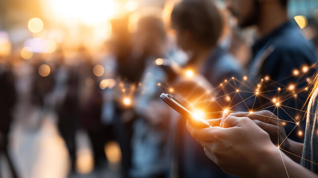 Crowd of people walking while looking at smartphones, orange light connecting them digitally