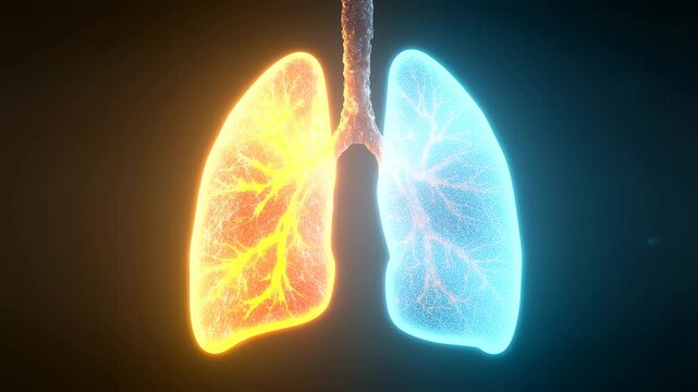 Visual representation of lungs split between fire and ice, showcasing contrasting elements of health and disease in a dynamic way, emphasizing duality of life processes