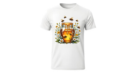 Artistic T-Shirt Design Featuring Honey Jar, Flowers, and Bees in a Nature-Inspired Theme