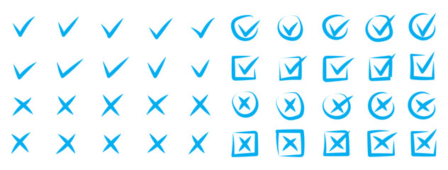 Check tick mark icon set. Cross box x check mark checkbox v list draw hand drawn sketch doodle brush marker checklist symbol wrong right circle. Illustration