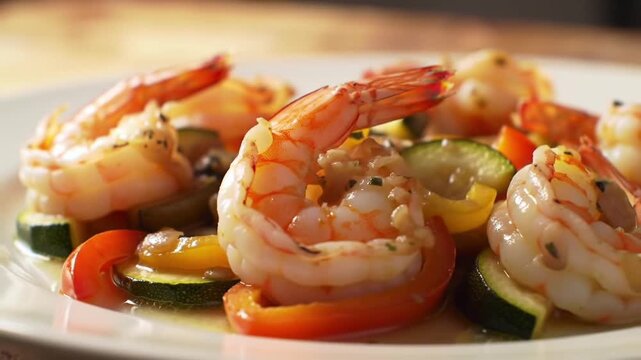 Shrimp with zucchini and peppers plate.