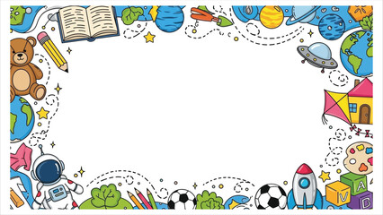 Colorful educational border for kids with space and school elements