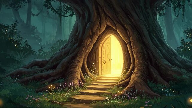 Mystical Tree Portal with Glowing Light Pixel Art Forest Landscape Featuring An Ancient Gateway and Lush Foliage