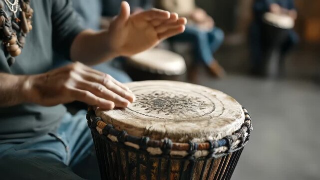 Group of people playing hand drums in a musical gathering in a room during the evening