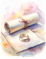 ルノルマンカード「指輪」契約と約束を象徴する指輪と巻物の水彩画 /
Lenormand Ring Card &ndash; Watercolor Illustration of a Ring and Contract Scroll