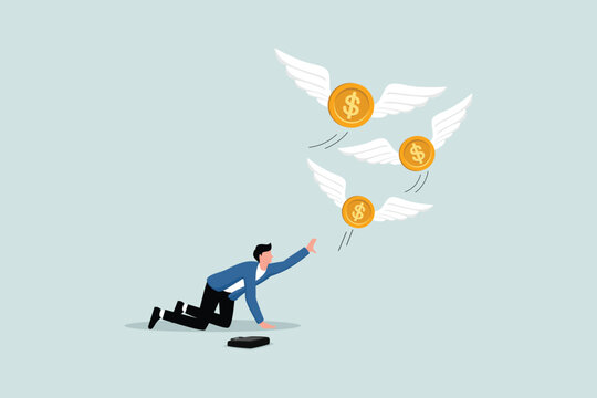 Losing money due to business failure or investment mistakes, tax or debt problems, bankruptcy, economic crisis, the concept of a sad and desperate entrepreneur watching his money fly away.