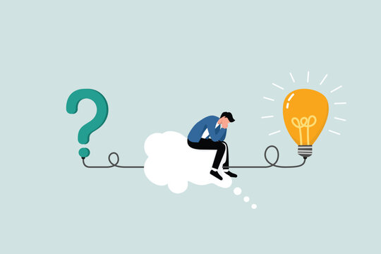 Critical thinking or finding solutions to solve problems, answer questions, creativity or imagination, entrepreneurs sit in thought bubbles connecting question marks with light bulbs as solutions.