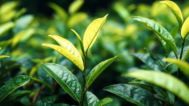 Green leaves grow in a tea garden during the day under sunlight in a lush landscape
