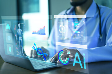 Doctor using computer AI technology for electronic health records, patient database and insurance management system.