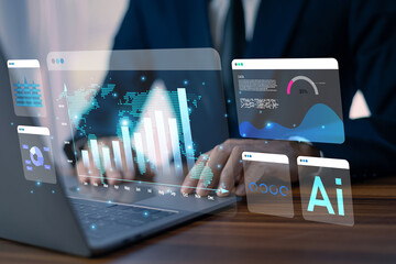 Businessman using computer and AI analyzing market data to build smart investment strategies.