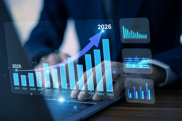 Businessman using computer with AI to manage financial data and develop long term investment plans.