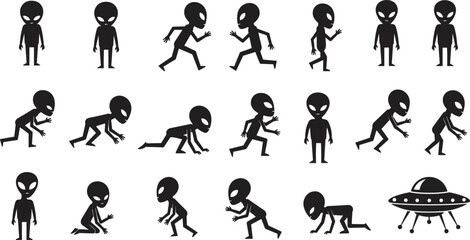 WebCollection of extraterrestrial alien silhouettes in various poses including walking running and crawling with a flying saucer UFO icon isolated on white background for sci-fi and space design. © iTZ mE