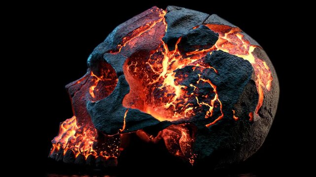 Skull made of rock with glowing cracks shows volcanic fire inside in a dark setting at night