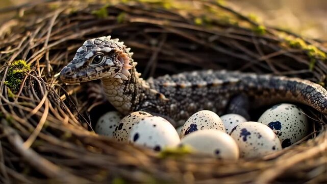 Baby reptile in a bird's nest with speckled eggs