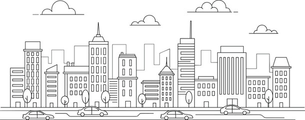 Modern city skyline vector illustration, urban landscape with buildings and cars in linear flat design, black and white sketch style. © SABINA