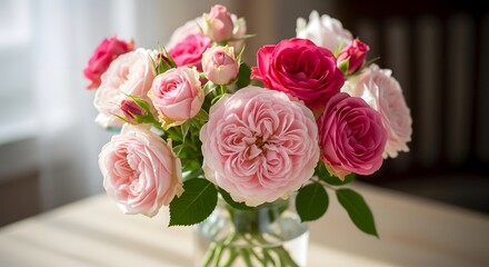 Obraz premium Beautiful bouquet of pink and white roses in glass vase on a table
