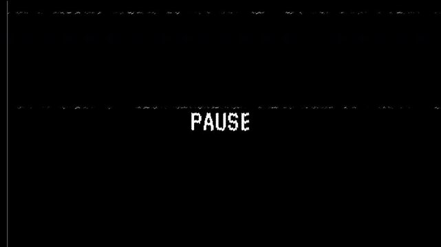 4K VHS video tape pause screen overlay with static distortion, analog noise, and timestamp, black background visual effect loop 4k video animation seamless loop