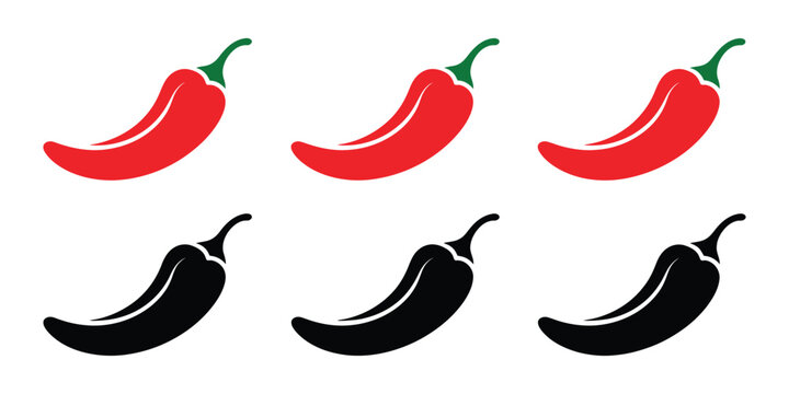 Hot chili paper icon set vector with red peppers, paprika illustrations, spicy food symbols, and culinary elements for recipe books, restaurant menus, kitchen branding, and vector graphic projects.