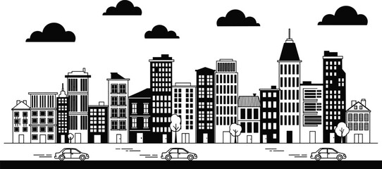 Modern City Skyline Vector with Minimalist Buildings, Clouds, and Sleek Cars on Street, Urban Architecture Illustration for Design Projects. © SABINA