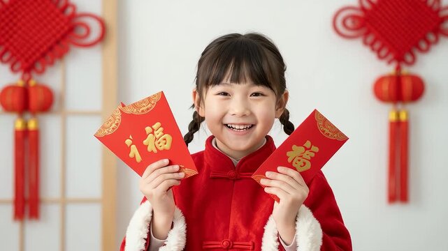 Smiling girl in traditional red outfit holding lucky red envelopes