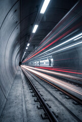 Subway Tunnel with Motion Blur Light Trails as Train Arrives