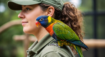 Zookeeper with parrot on shoulder symbolizing care and animal connection