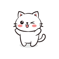 Playful Winking White Cat Mascot Raising Hands.