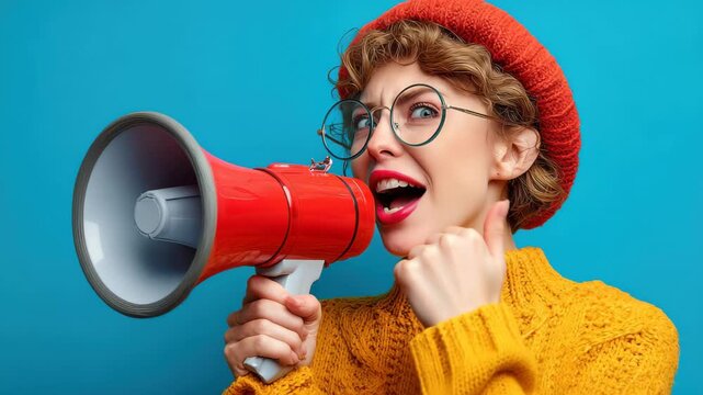 Woman with curly hair wearing glasses and red hat uses a megaphone to speak or shout against a blue background