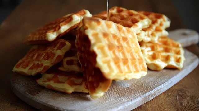 Freshly cooked waffles stacked on a wooden board ready to be served at breakfast time in a cozy kitchen setting